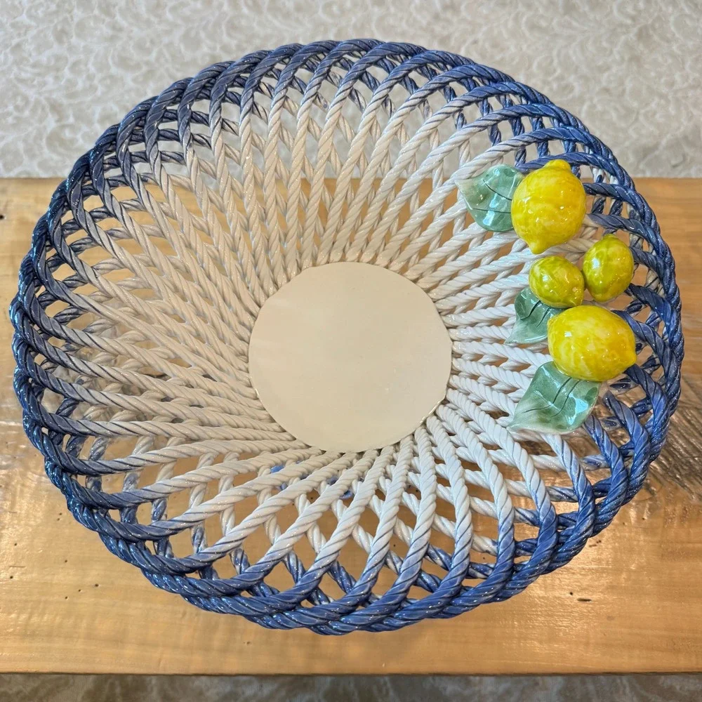 Lanzarin Italian Woven Lattice Ceramic Pedestal Lemon Basket Hand Made in Italy